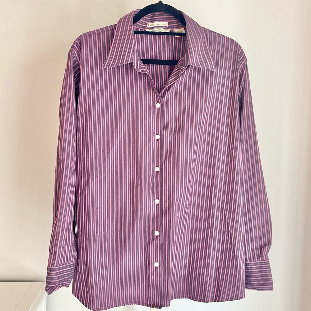 Eddie Bauer Wrinkle Resistant 100% Cotton Purple Pink Stripe Button Down, XXL